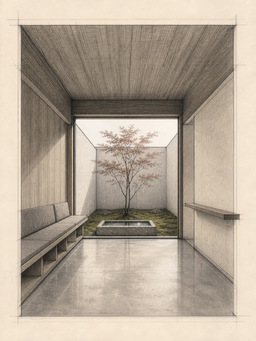 Source architectural courtyard sketch with bench, water basin, and framed garden