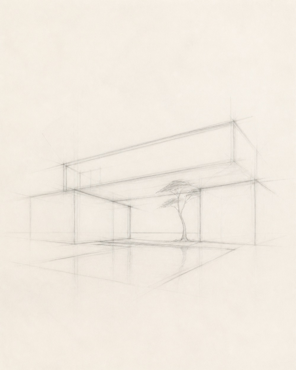 Loose courtyard perspective sketch ready to be used as an AI rendering input